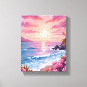 Blush Beach Bay   Oceaan Zonsondergang Roze Aquare Canvas Afdruk