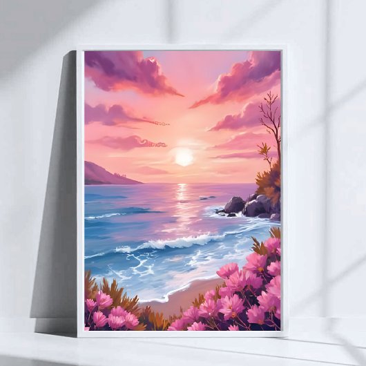 Blush Beach Bay | Ocean Sunset Pink Watercolor Poster