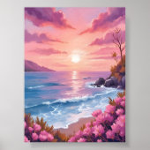 Blush Beach Bay | Ocean Sunset Pink Watercolor Poster (Voorkant)