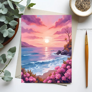 Blush Beach Bay Oceanzonsondergang Roze Aquarel Briefkaart