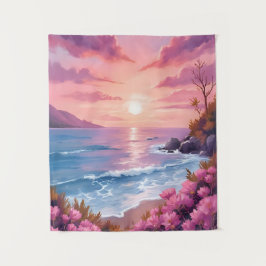 Blush Beach Bay | Oceanzonsondergang Roze Aquarel Wandkleed