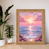 Blush Beach | Pink Ocean Sunset Coastal Watercolor Poster