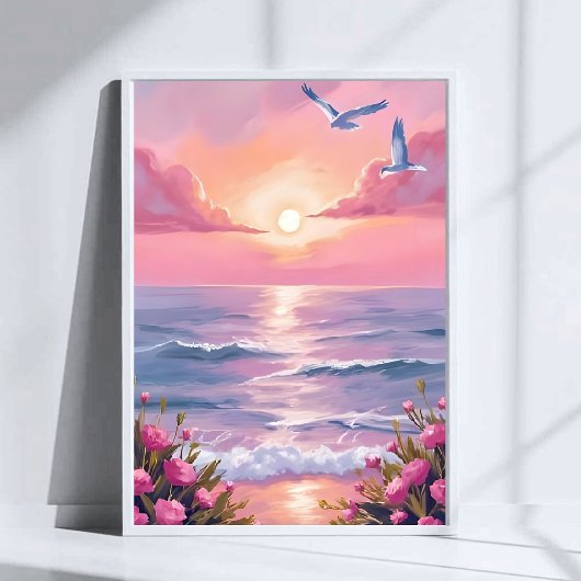Blush Beach | Pink Ocean Sunset Coastal Watercolor Poster