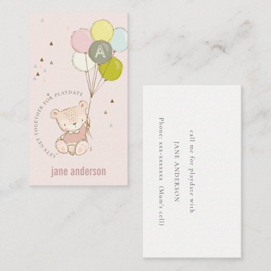 Blush Beer ballon Monogram Kinder Afspeeldatum Roe Visitekaartje (Voorkant / Achterkant)