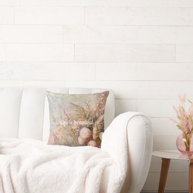 Blush Beige Chic Boho Bloemen Kussen (Bank)