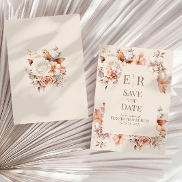 Blush Beige Monogram Save the Date Kaart