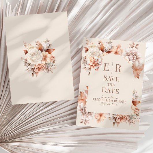 Blush Beige Monogram Save the Date Kaart