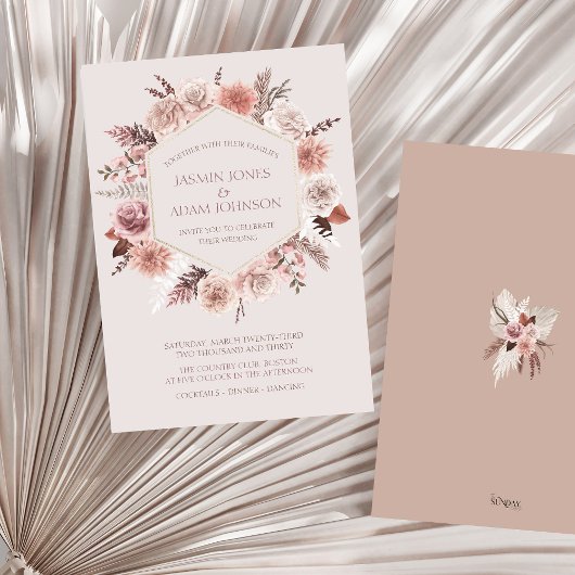 Blush Beige Pampas Floral Boho Wedding Kaart