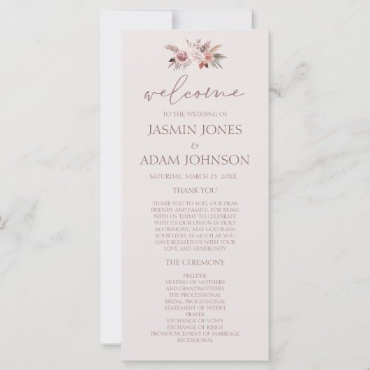 Blush Beige Pampas Floral Boho Wedding Programma (Voorkant)