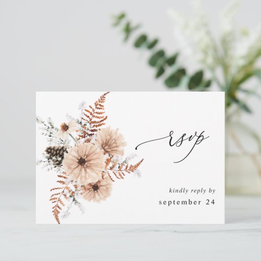 Blush Beige & Pine Rustic met maaltijd RSVP (Staand voorkant)