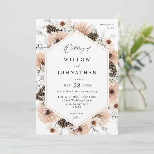 Blush Beige & Pine Rustic Wedding Kaart (Staand voorkant)