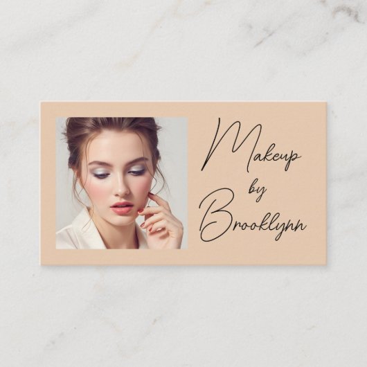 Blush Beige Zwarte Script Foto Make-up Zakelijk Visitekaartje (Voorkant)