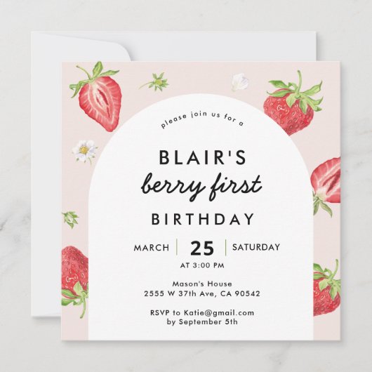 Blush Berry First Birthday Strawberry Square Kaart (Voorkant)