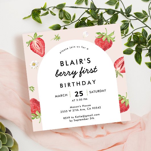 Blush Berry First Birthday Strawberry Square Kaart