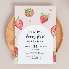 Blush Berry First Birthday Strawberry Theme Kaart