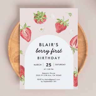 Blush Berry First Birthday Strawberry Theme Kaart