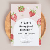 Blush Berry First Birthday Strawberry Theme Kaart