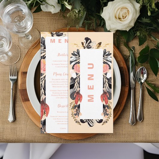 Blush & Black Bloemen Huwelijk Receptie Diner Menu