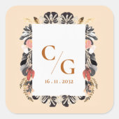 Blush & Black Bloemen Monogram Huwelijksomhuls Vierkante Sticker (Voorkant)