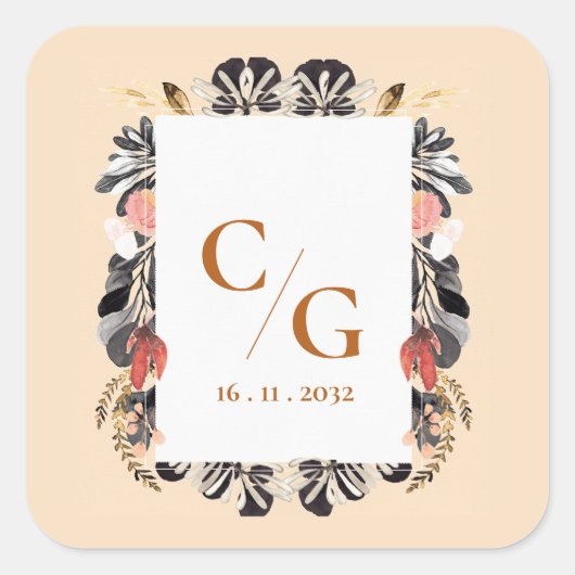 Blush & Black Bloemen Monogram Huwelijksomhuls Vierkante Sticker (Voorkant)