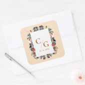 Blush & Black Bloemen Monogram Huwelijksomhuls Vierkante Sticker (Envelop)