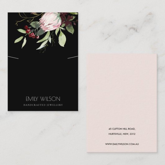 BLUSH BLACK BURGUNDY PROTEA FLORA KETTING DISPLAY VISITEKAARTJE (Voorkant / Achterkant)