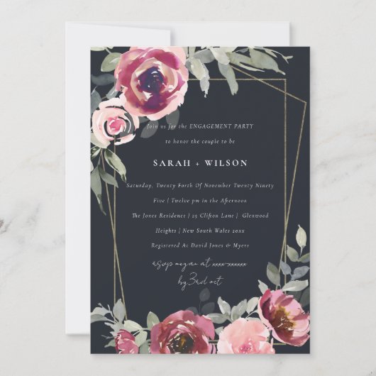 BLUSH BLACK BURGUNDY ROOS FLORAL VERLOVING INVITE BEDANKKAART (Voorkant)