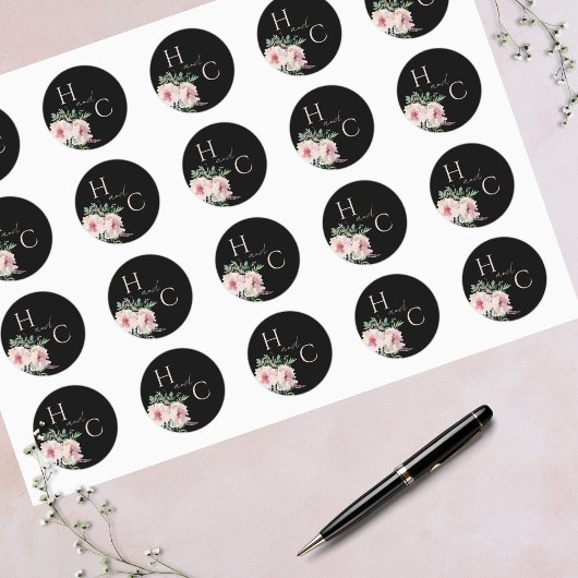 Blush & Black Elegant Floral Waterverf Ronde Sticker