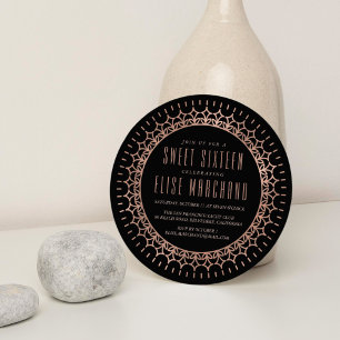 Blush & Black Faux Roos Gold Deco Sweet Sixteen Kaart