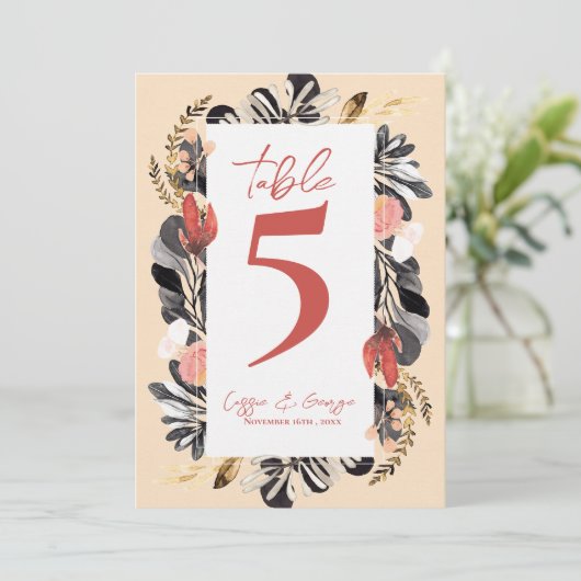  Blush Black Floral Botanical Wedding Table Number Bedankkaart (Staand voorkant)