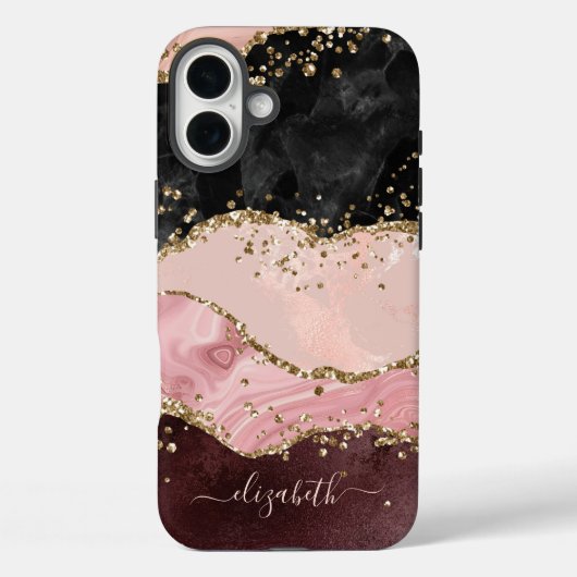 Blush Black Gold Glitter Agaat Naam Script Case-Mate iPhone Case (Achterkant)
