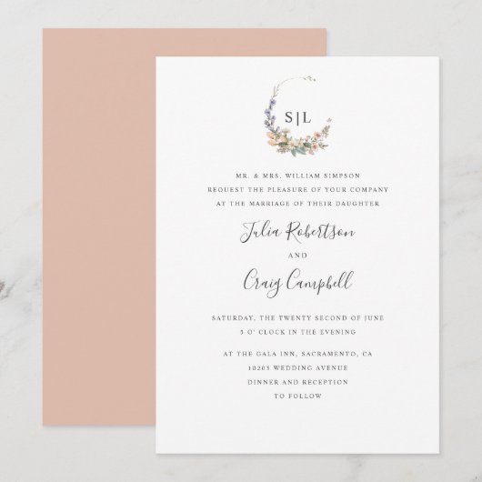 Blush-bladeren en bloemplechtige bruiloft voor mon kaart (Voorkant / Achterkant)