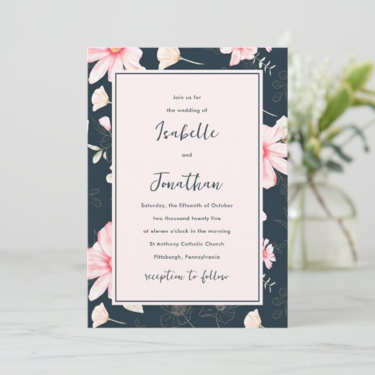  Blush Blauw Bloemen Patroon Bruiloft Kaart (Staand voorkant)