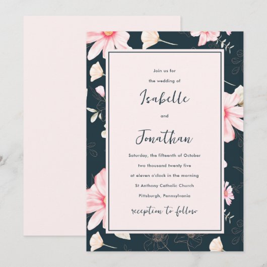  Blush Blauw Bloemen Patroon Bruiloft Kaart (Voorkant / Achterkant)