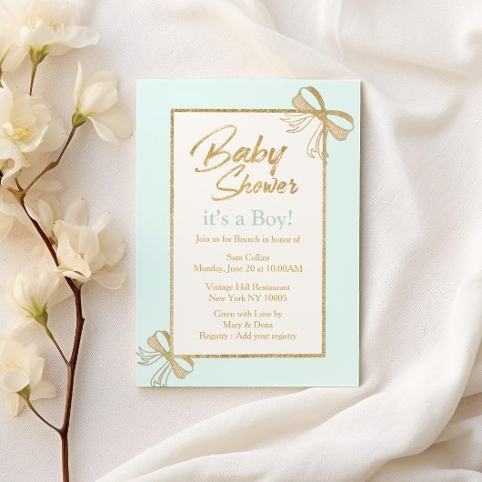 Blush blauw goud glitter strik Jongen Baby shower Kaart