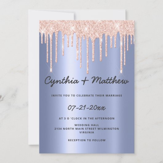 Blush blauw gradiënt roos gouden glitter drip brui kaart (Voorkant)