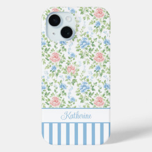 Blush Blauwe Aquarel Bloemige Monogram iPhone 15 Case