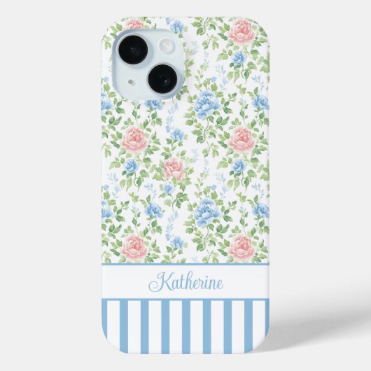 Blush Blauwe Aquarel Bloemige Monogram Case-Mate iPhone Case (Achterkant)