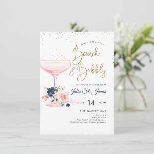 Blush+Blauwe Bloemen Brunch Bubble Roze Champagne Kaart (Staand voorkant)