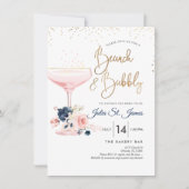 Blush+Blauwe Bloemen Brunch Bubble Roze Champagne Kaart (Voorkant)