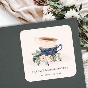 Blush Blauwe Kopjes Bloemachtige Bruiloft Thee Fee Vierkante Sticker