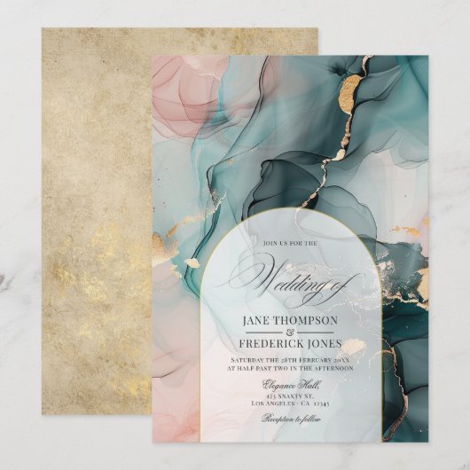 Blush & Blauwgroen Ink Swirls en Faux Gold Folie W Kaart (Voorkant / Achterkant)