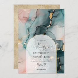 Blush & Blauwgroen Ink Swirls en Faux Gold Folie W Kaart