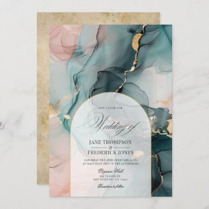 Blush & Blauwgroen Ink Swirls en Faux Gold Folie W Kaart