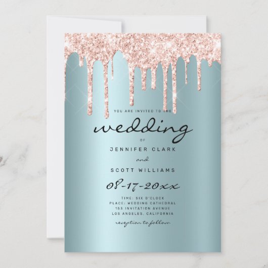 Blush blauwgroen roos goud glitter druppelt script kaart (Voorkant)