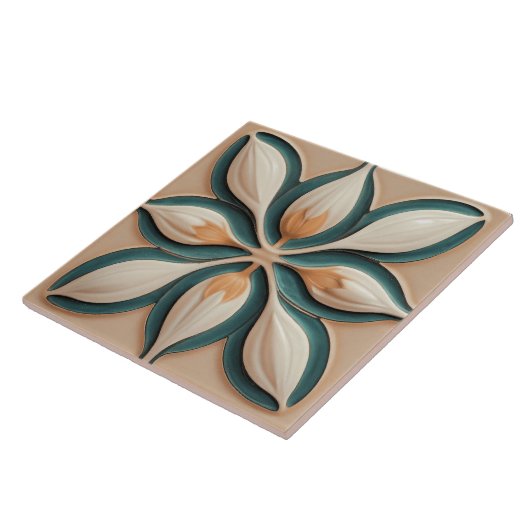 Blush Blauwgroen Tulps Symmetrische Art Deco Tegeltje (Zijkant)