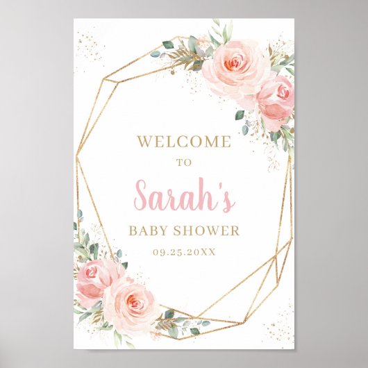 Blush Bloem Goud Geometrische Baby Shower Welkom Poster (Voorkant)