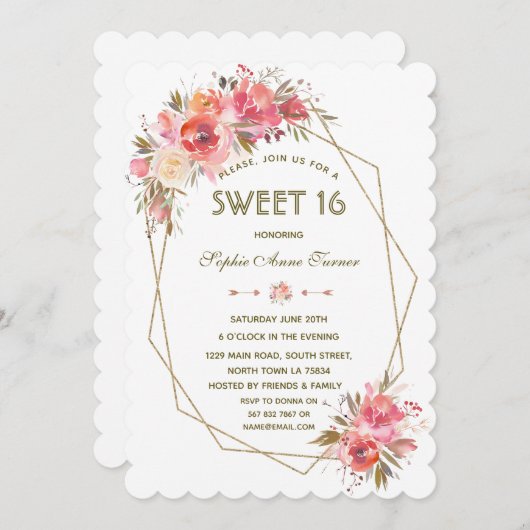 Blush Bloem Goud Glitter Frame Sweet Sixteen Kaart (Voorkant / Achterkant)