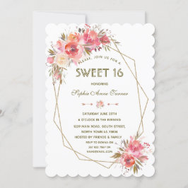 Blush Bloem Goud Glitter Frame Sweet Sixteen Kaart