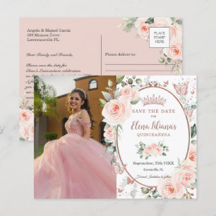 Blush Bloem Roze Goud Vlinders Quinceañera Aankondigingskaart